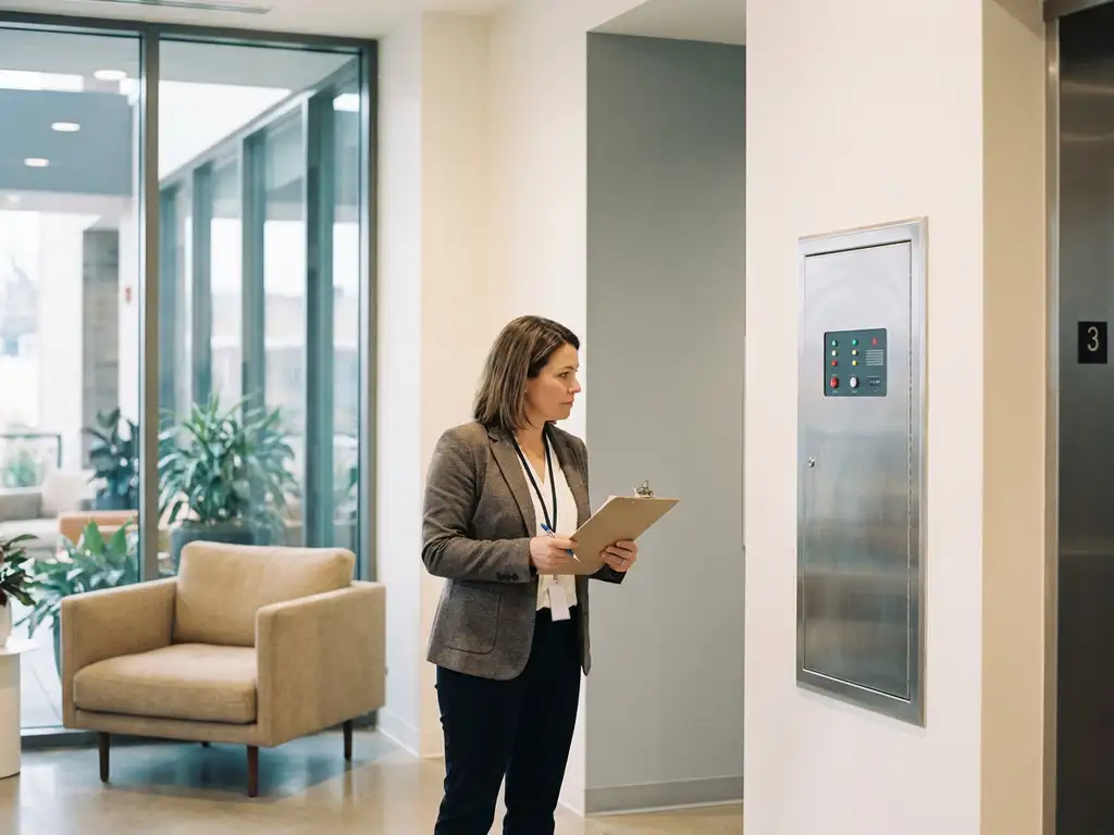 Facilitair manager met klembord in moderne gebouwcorridor, met woonruimte en onderhoudspaneel, warm natuurlijk daglicht.