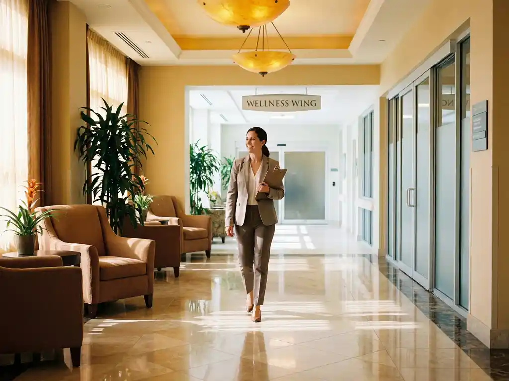Facility manager in zakelijke kleding loopt doelgericht door een moderne hotellobby die overloopt in een zorgcorridor.