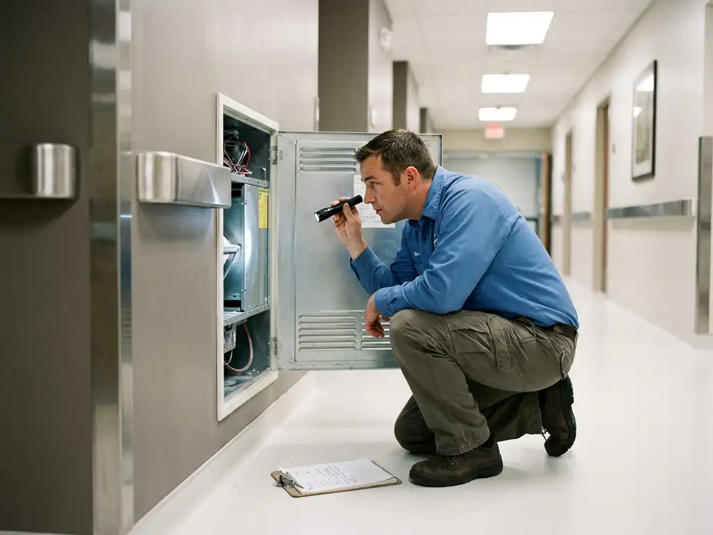 Facilitair manager inspecteert open HVAC-unit in ziekenhuisgang, clipboard op de vloer, professioneel en gedetailleerd.