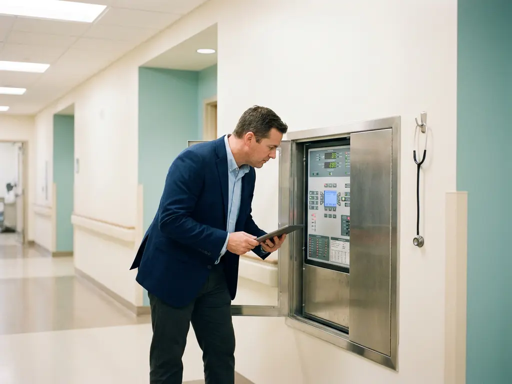 Facilitair manager inspecteert modern HVAC-bedieningspaneel in een Nederlandse zorginstelling met klinisch witte gangen en zachte tealkleuren.