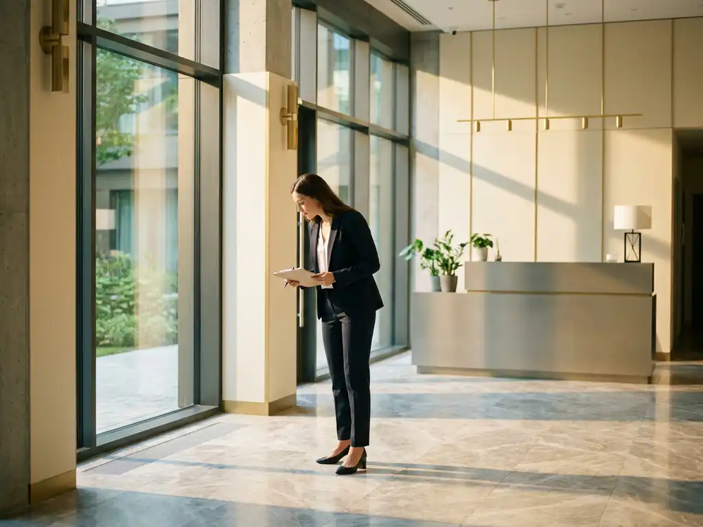 Facilitair manager inspecteert modern appartementenlobby met klembord, zonlicht op marmeren vloer, receptiebalie op achtergrond.