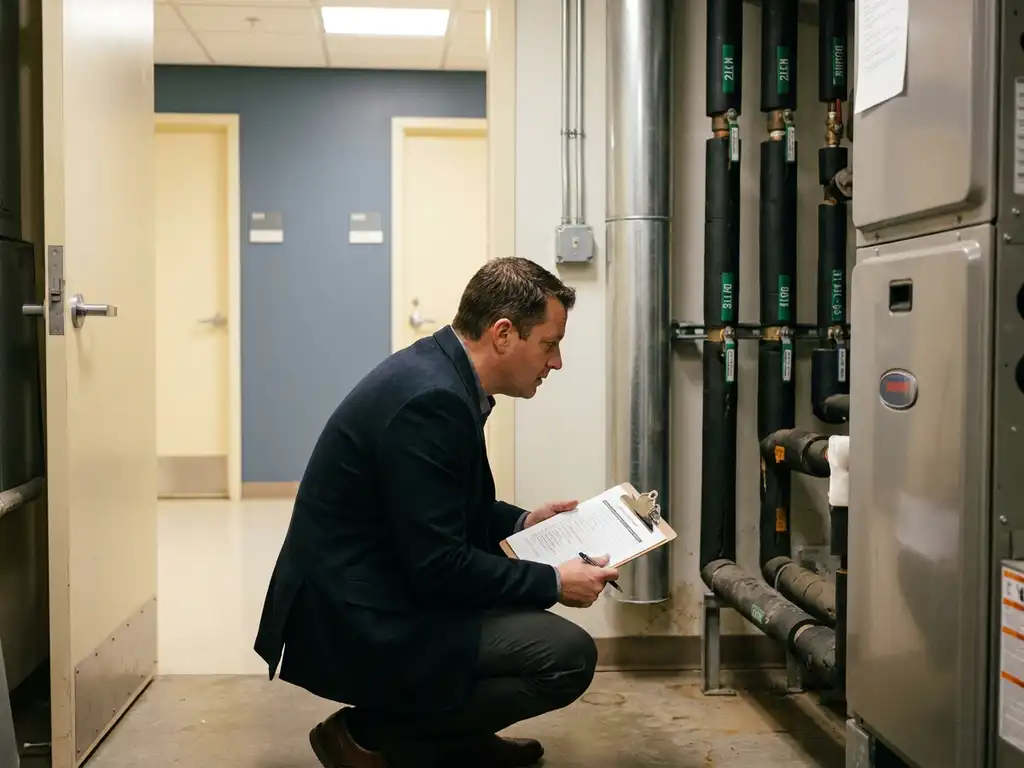 Facilitair manager inspecteert leidingen en HVAC-installaties in technische ruimte met klembord en checklist.