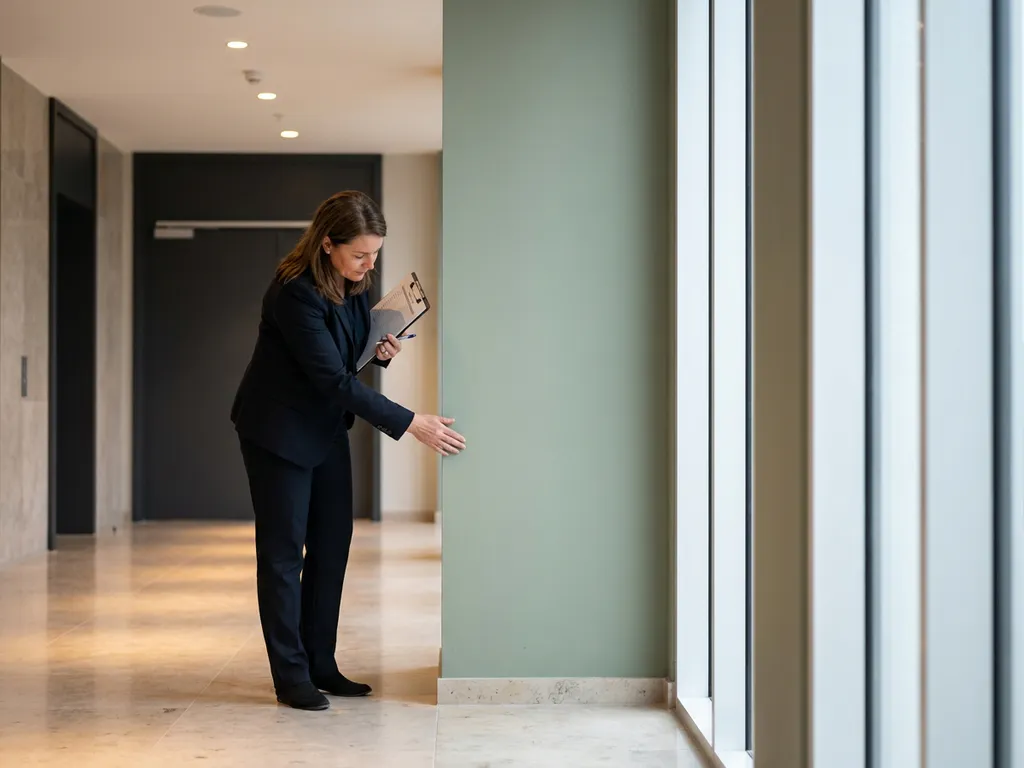 Facilitair manager met klembord inspecteert modern gebouwcoridor met gepolijste vloer en vers geschilderde muren in salie- en ivoortinten.