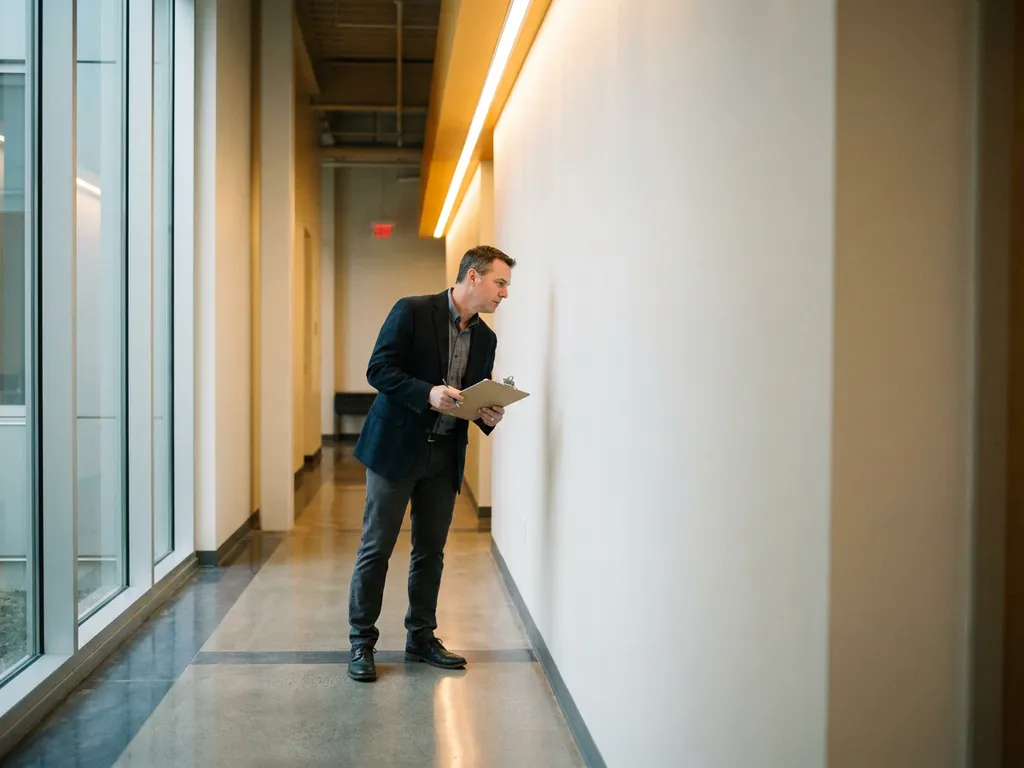 Facilitair manager inspecteert modern gebouwcorridor met klembord, naast vers geschilderde muur en gepolijste vloer.