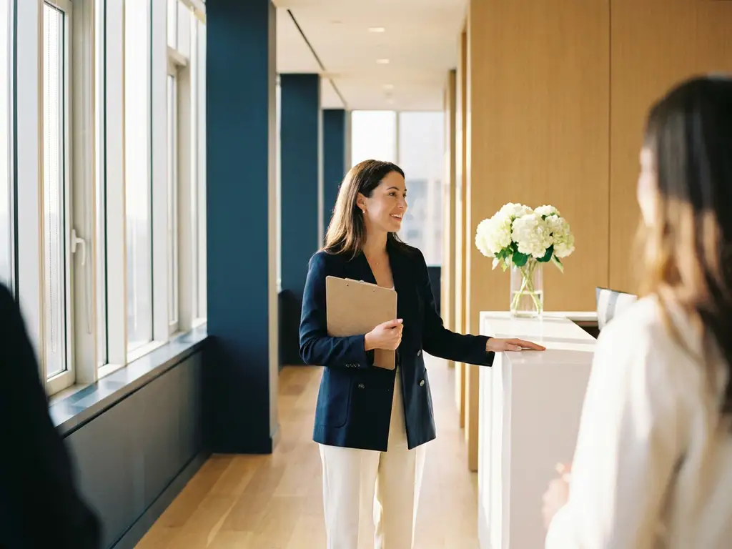 Faciliteitenbeheerder met klembord inspecteert moderne kantoorreceptie met verse bloemen, vloer-tot-plafondvensters en warm ochtendlicht.