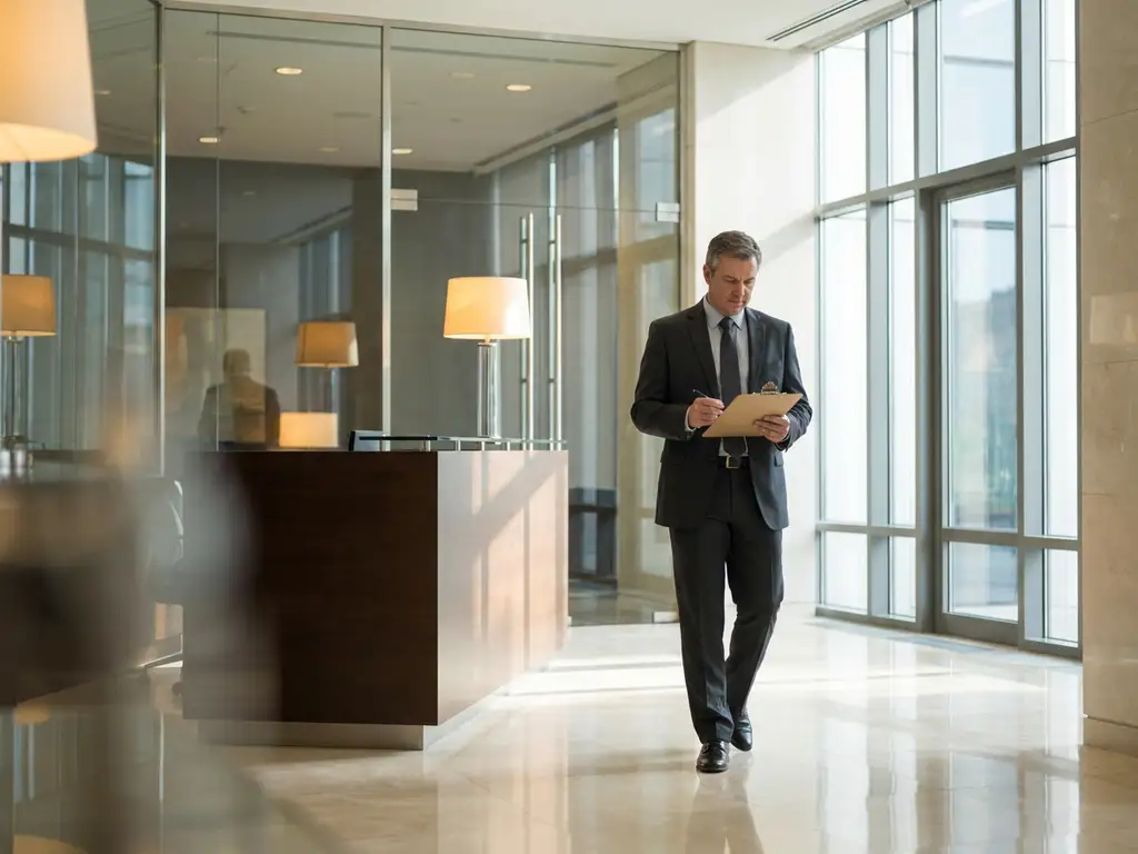 Facilitair manager inspecteert marmeren vloer en receptiebalie in moderne kantoorlobby, klembord in hand, warm licht door hoge ramen.