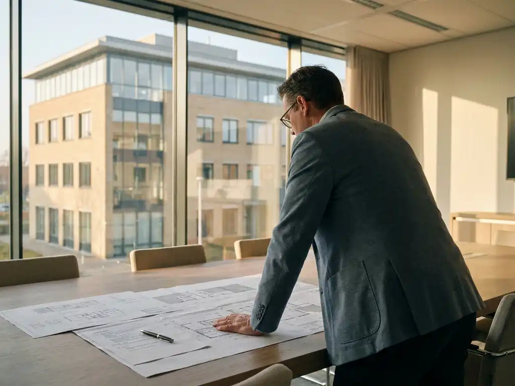 Facilitair manager bestudeert geannoteerde plattegronden op vergadertafel, modern Nederlands kantoorgebouw zichtbaar door raamwand, gouden middaglicht.