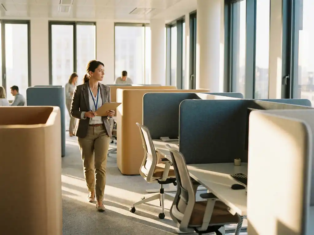 Facilitair manager met klembord inspecteert modern open kantoor met werkplekken en vergaderhoeken in warm ochtendlicht.