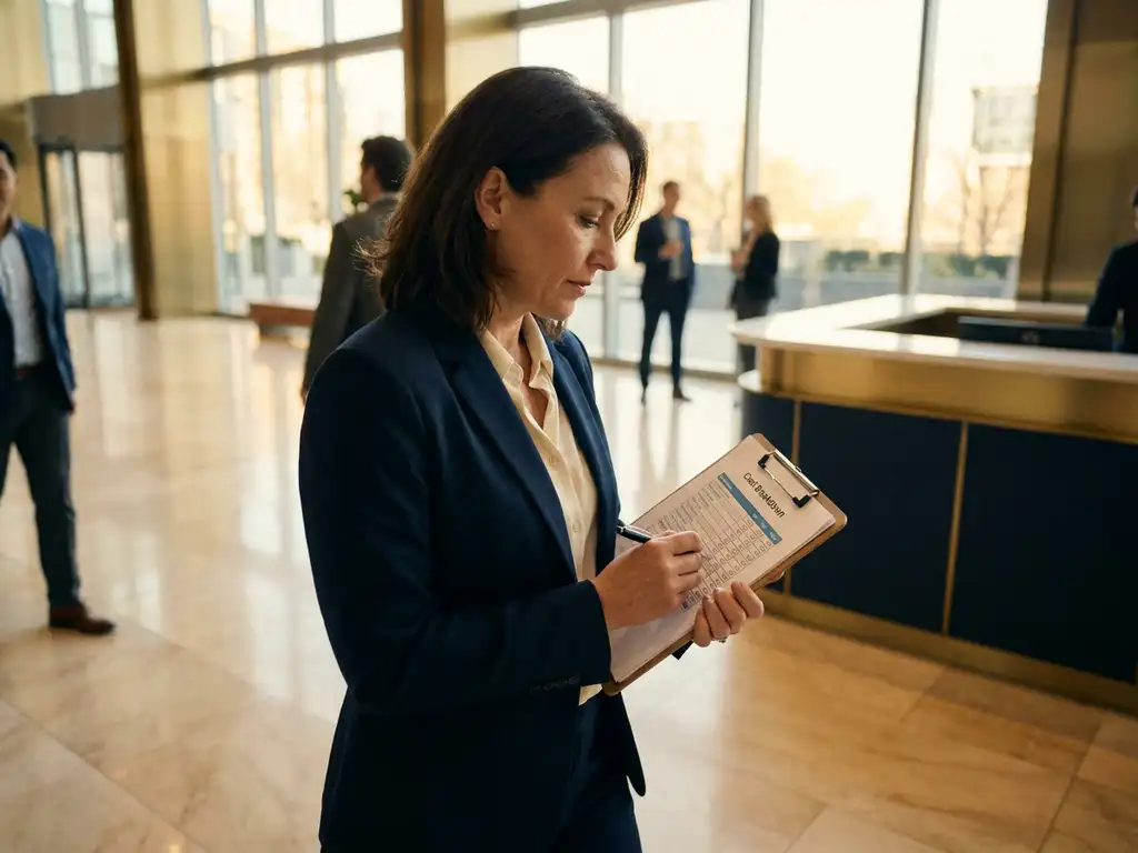 Faciliteitsbeheerder in blazer bekijkt kostenoverzicht op klembord in moderne kantoorlobby met marmeren vloer en messingaccenten.