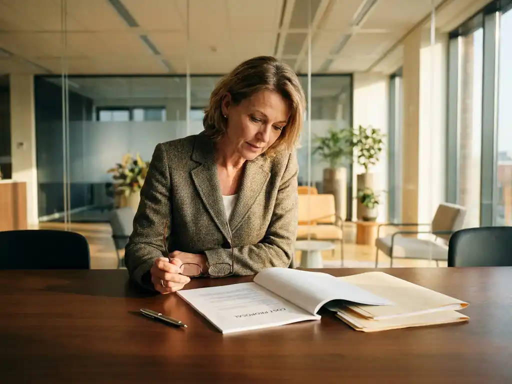 Facilitair manager bekijkt kostenvoorstel aan vergadertafel in modern Nederlands kantoor met middagzon.