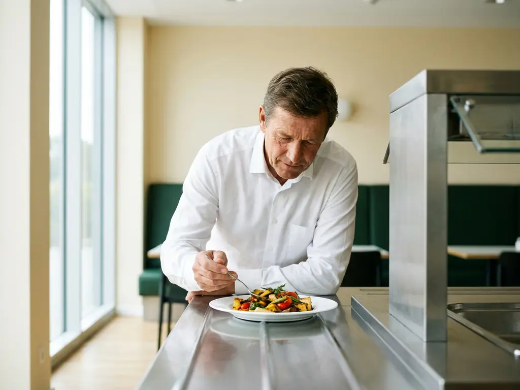 Facilitair manager in wit overhemd inspecteert warm lunchmenu op roestvrijstalen toonbank in moderne bedrijfsrestaurant.