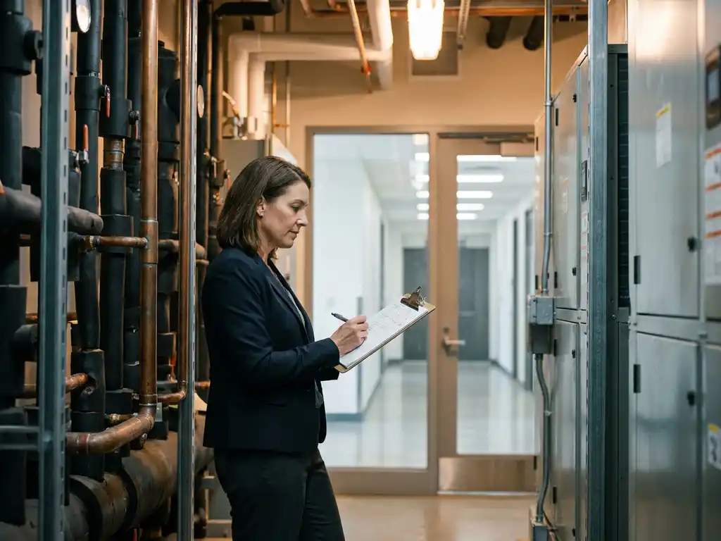 Faciliteitsbeheerder inspecteert koperen leidingen en klimaatinstallaties in een moderne machinekamer met klembord.
