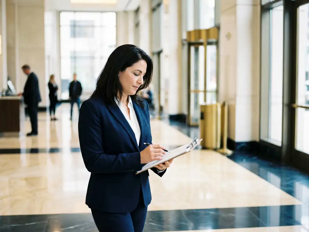 Facilitair manager in blazer inspecteert klembord in moderne kantoorlobby met marmeren vloer en grote ramen.