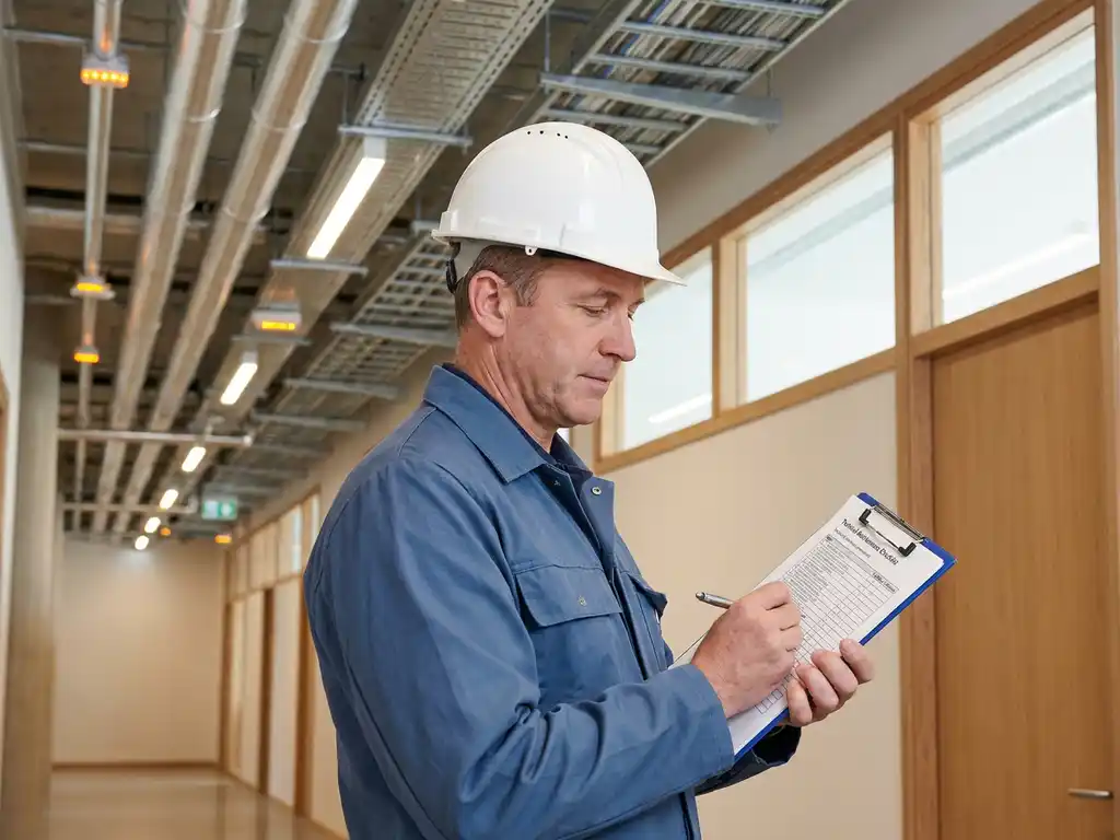 Facilitair manager met witte helm controleert onderhoudslijst op klembord in moderne institutionele gang met zichtbare installaties.
