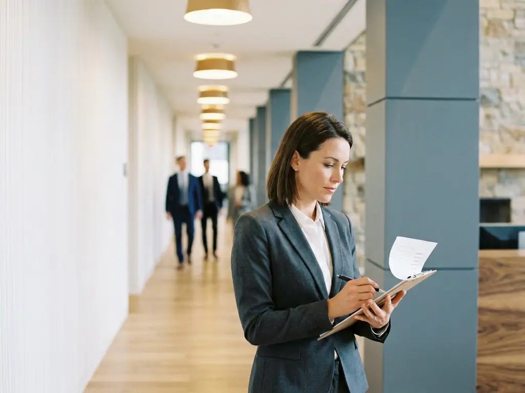 Facilitair manager in blazer controleert onderhoudslijst op klembord in moderne, verlichte gang van kantoor- of zorggebouw.