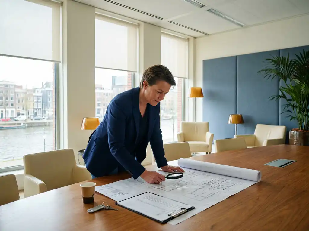 Facilitair manager in blazer bestudeert plattegronden op vergadertafel met sleutelhanger en onderhoudsklembord in modern Nederlands kantoor.