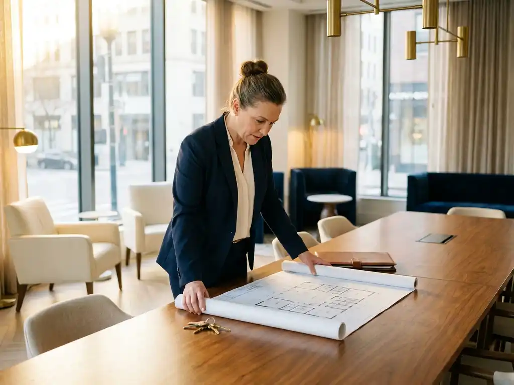 Facilitair manager in blazer bestudeert bouwtekening op vergadertafel met sleutels en portfolio, modern kantoor met grote ramen.