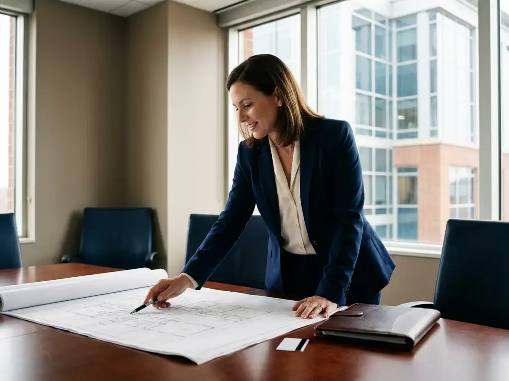 Facilitymanager in zakelijk pak bestudeert architecturale plattegronden op vergadertafel met leren portfolio en toegangspas.