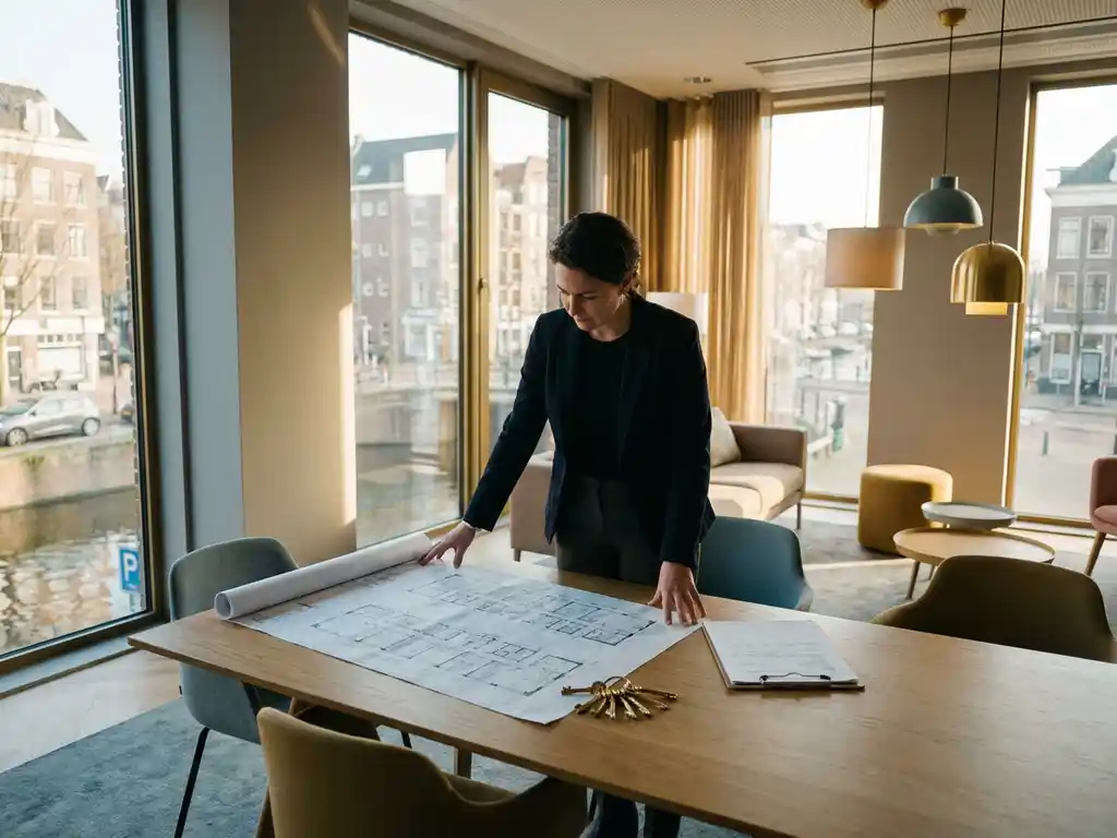 Facilitair manager in zakelijk pak bestudeert plattegrond op vergadertafel met sleutels en klembord in modern Nederlands kantoor.