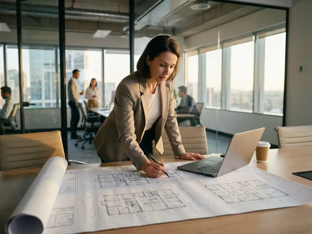 Facilitair manager bestudeert gedetailleerde plattegrond op vergadertafel met laptop en koffie in modern kantoor.