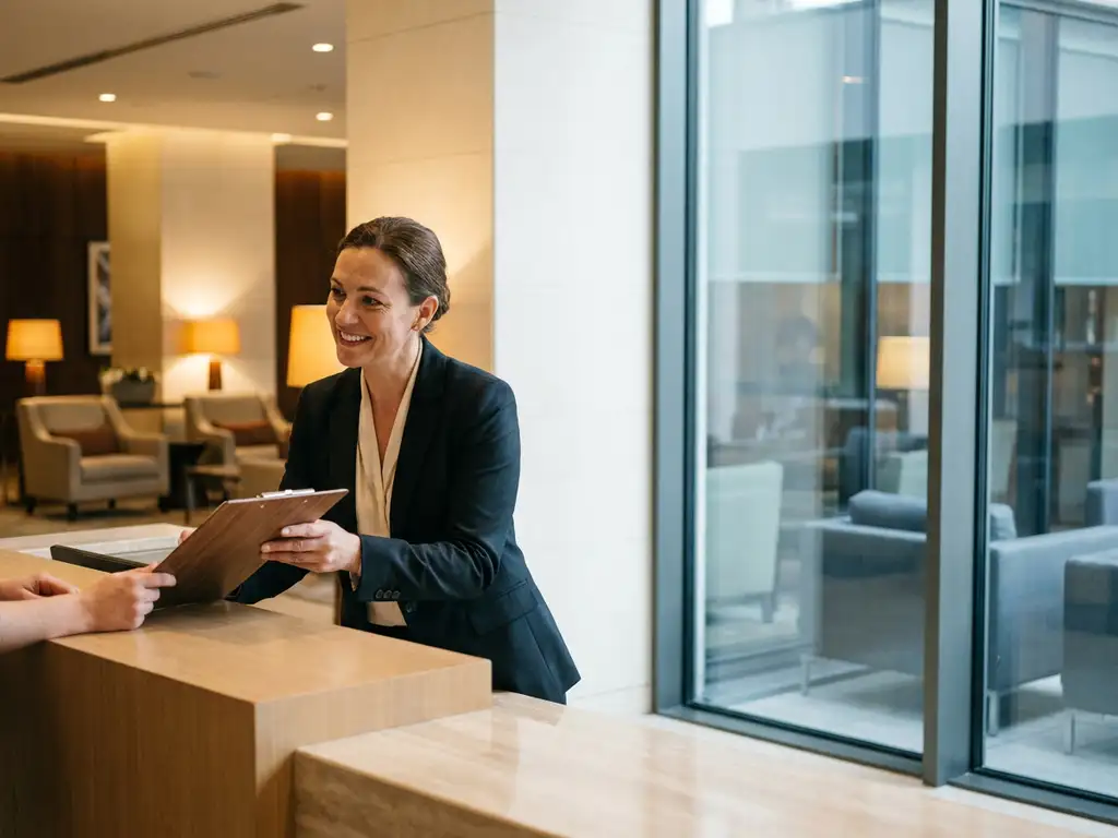Facilitymanager in professionele kleding bekijkt klembord bij moderne receptiebalie met warme, hotelachtige lobby op de achtergrond.