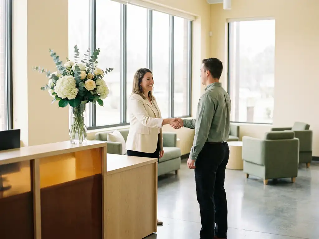 Facilitair manager begroet collega in lichte moderne kantoorlobby met verse bloemen op receptiebalie en natuurlijk licht.