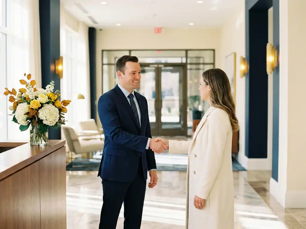 Faciliteitsbeheerder verwelkomt huurder in moderne woonlobby met marmeren vloer, verse bloemen op de receptie en warm natuurlijk licht.