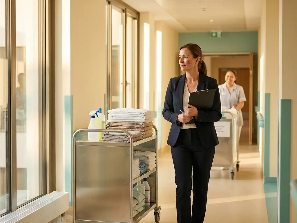 Facilitymanager in zakelijke kleding loopt met klembord door verlichte ziekenhuisgang naast een servicetrolley.