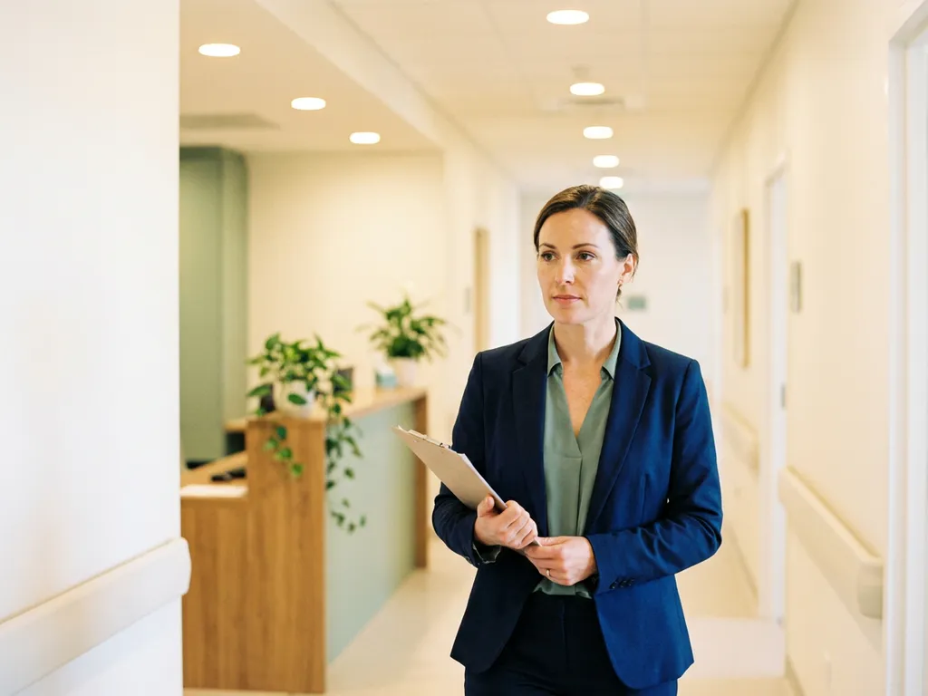 Facilitair manager met klembord loopt door verlichte ziekenhuisgang met receptiebalie en groene planten op de achtergrond.