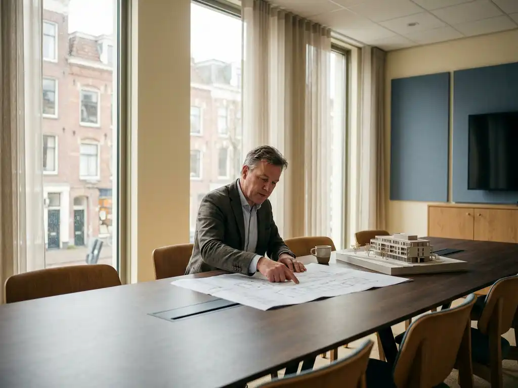 Faciliteitmanager bestudeert bouwkundige plattegronden op vergadertafel met schaalmodel en koffie in modern Nederlands kantoor.