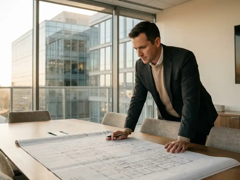 Facilitair manager bestudeert plattegrond op vergadertafel, modern kantoorgebouw zichtbaar door raamwand op de achtergrond.