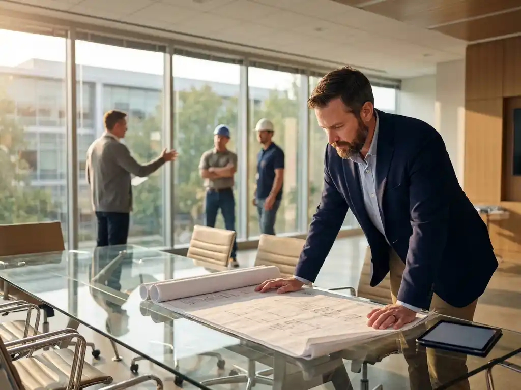 Faciliteitmanager in marineblauw jasje bestudeert bouwplannen aan glazen vergadertafel terwijl collega met aannemers overlegt bij ramen