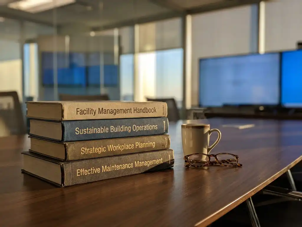 Stapel professionele facility management boeken op houten vergadertafel met koffiekop en leesbrillijn kantooromgeving