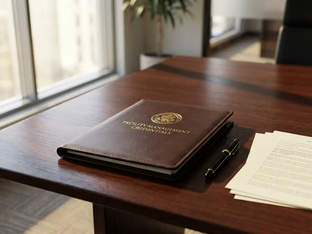 Geopende certificatiemap met goud-geëmbosseerde facility management diploma's op mahonie conferentietafel met vulpen