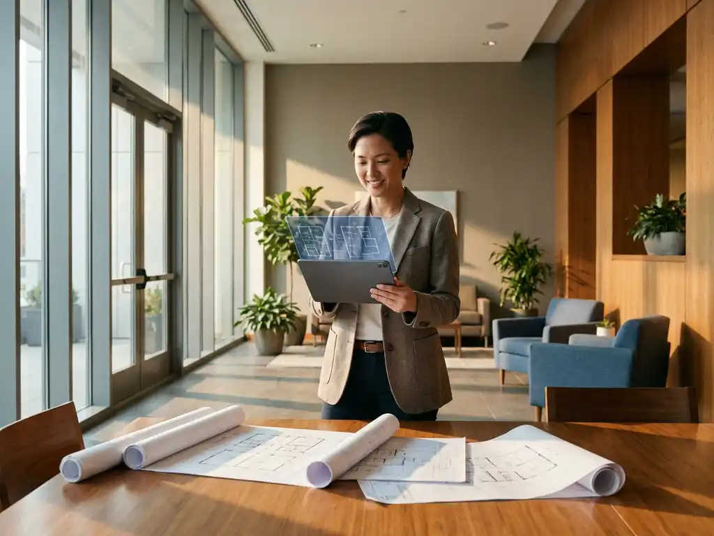 Faciliteitmanager bekijkt digitale plattegronden op tablet in moderne kantoorlobby met papieren blauwdrukken op tafel