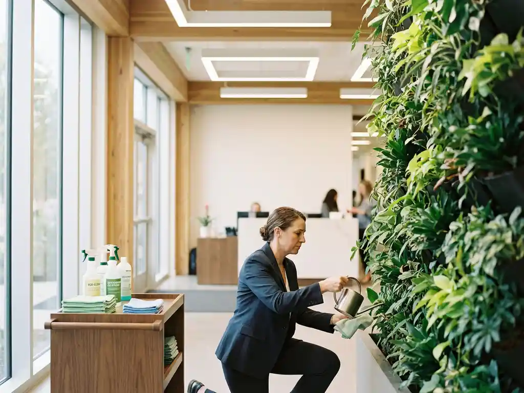 Facility manager verzorgt groene plantenwand in moderne bedrijfslobby met LED-verlichting en duurzame schoonmaakmiddelen