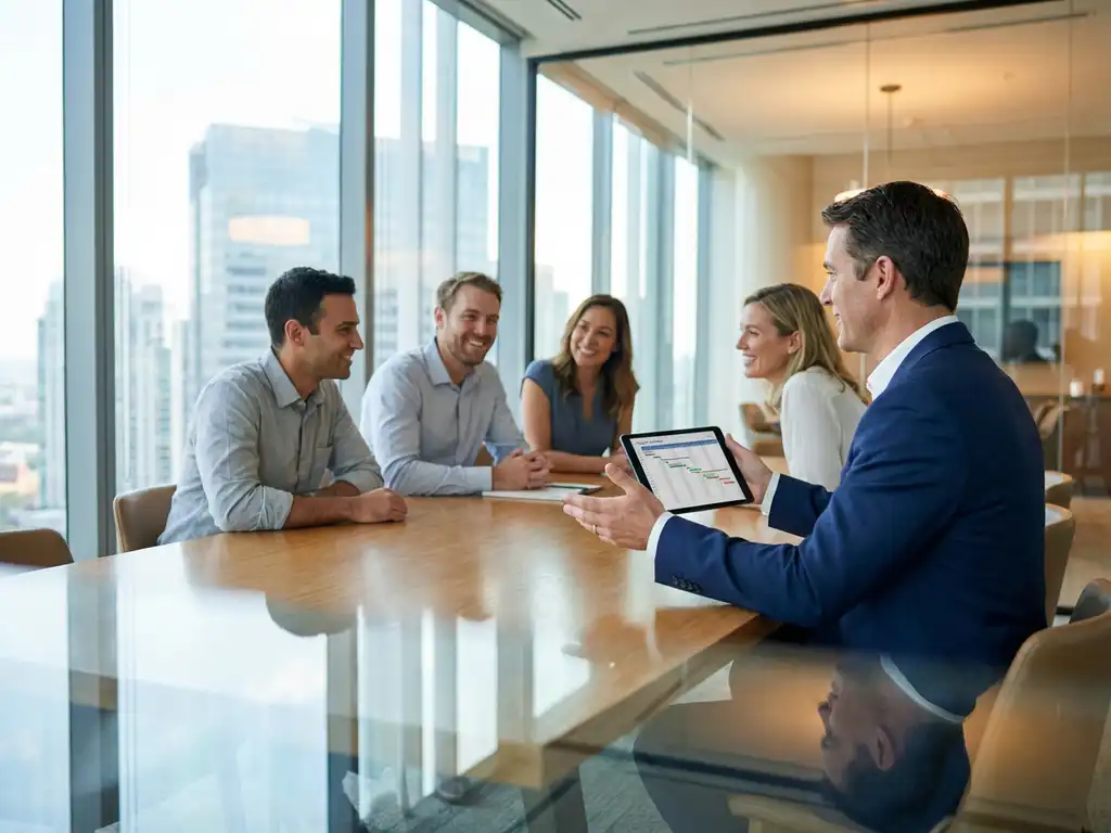 Faciliteitmanager in marineblauw pak presenteert projectvoorstel op tablet aan klanten in moderne glazen vergaderruimte