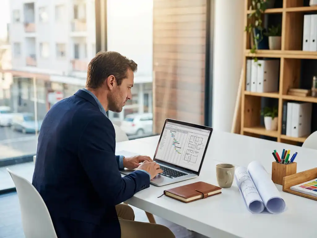 Faciliteitenbeheerder bekijkt projectmanagementsoftware op laptop met bouwplannen en kantoorbenodigdheden op wit bureau