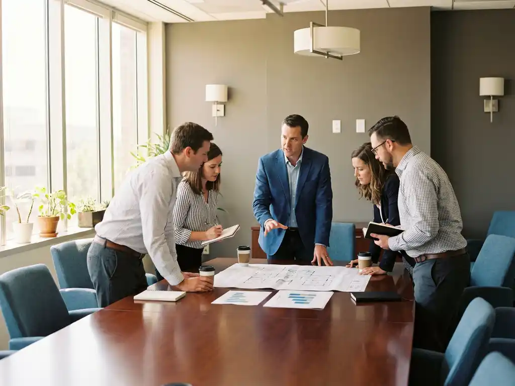 Professionele workshopleider begeleidt faciliteitsmanagers rond vergadertafel met projectplannen en blauwdrukken in moderne kantoorruimte