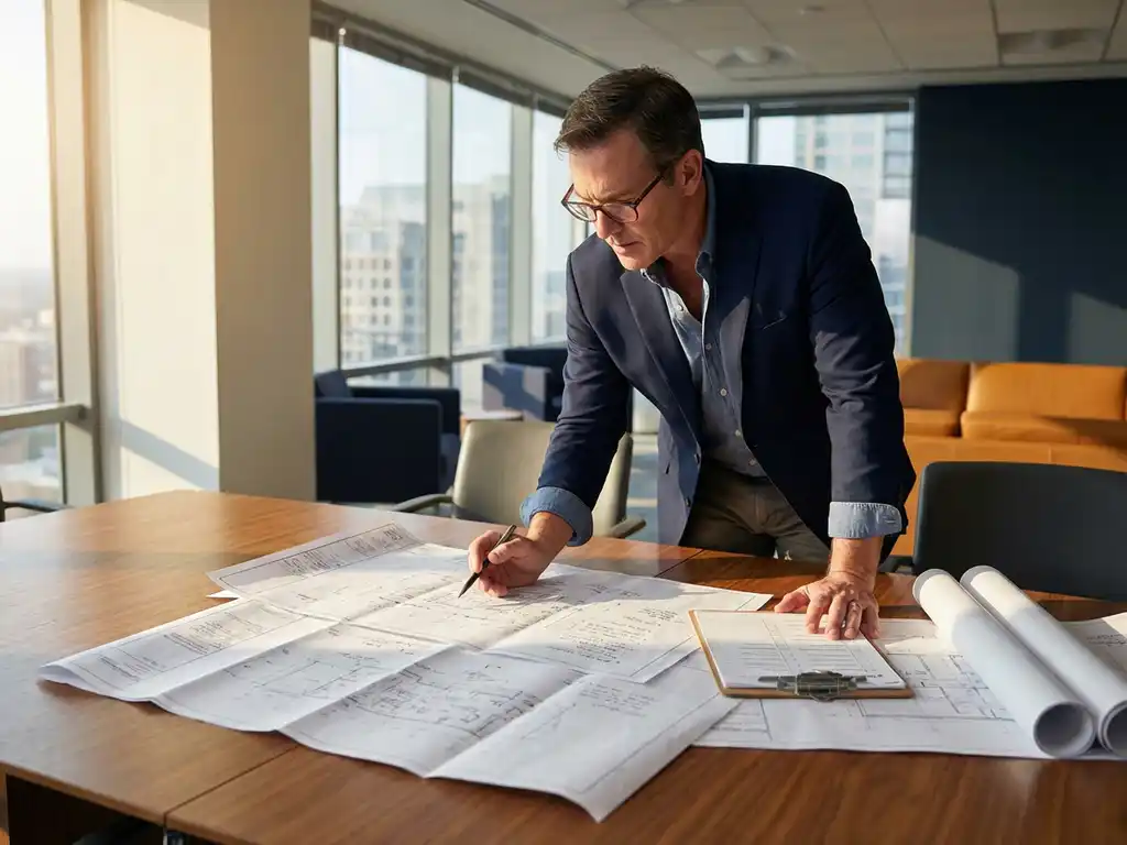 Professionele faciliteitbeheerder bestudeert gedetailleerde bouwkundige tekeningen op vergadertafel met klembord en checklists