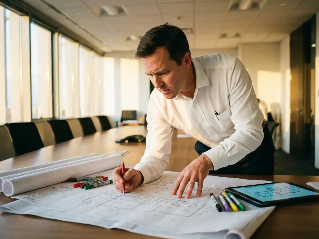 Faciliteitmanager in wit overhemd bestudeert bouwplannen aan houten conferentietafel met kleurrijke pennen en tablet