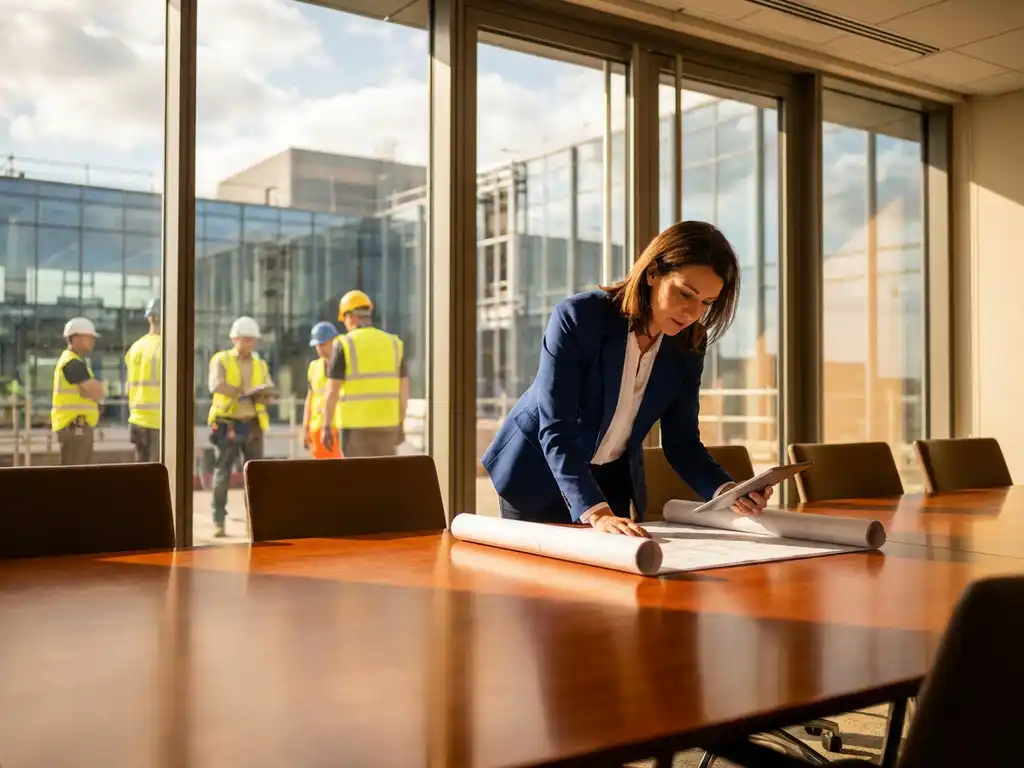 Facility manager in marineblauw jasje bestudeert blauwdrukken aan vergadertafel met bouwvakkers op achtergrond