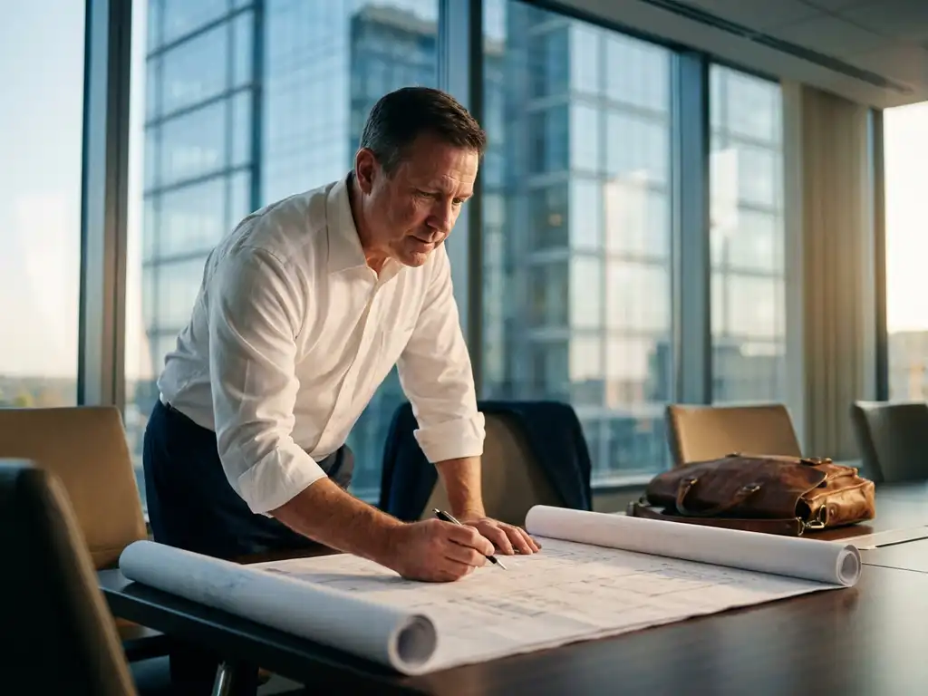Professionele facilitair manager bestudeert architecturale blauwdrukken aan conferentietafel in modern kantoor