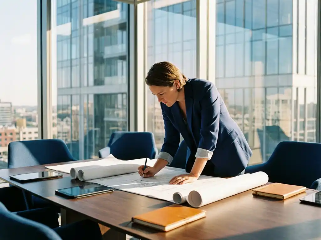 Professionele facility manager in marineblauw jasje bestudeert bouwkundige plattegronden op gepolijste vergadertafel