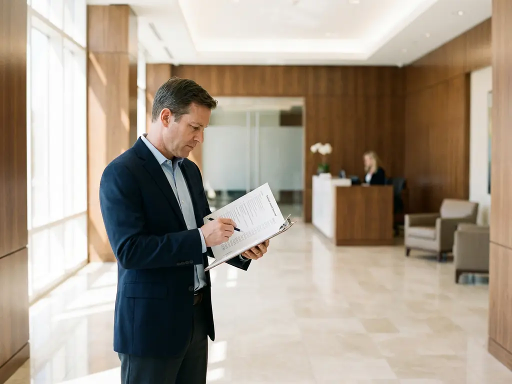 Professionele facility manager in marineblauw jasje bekijkt evaluatielijst in elegante bedrijfslobby met marmeren vloeren