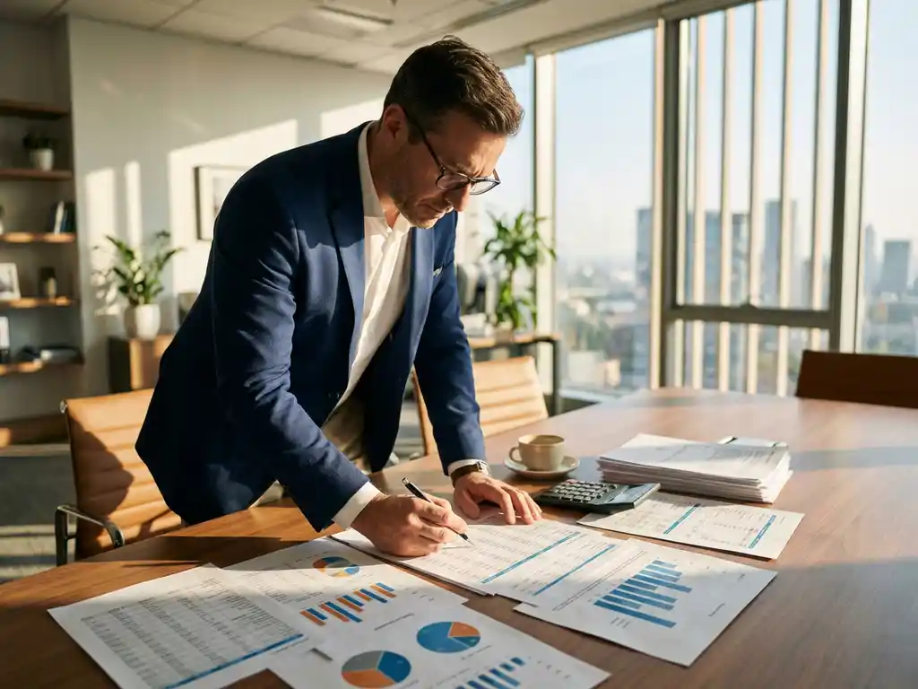 Professionele facilitair manager in marineblauw jasje bestudeert financiële grafieken aan vergadertafel met rekenmachine