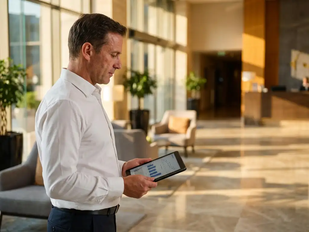 Facility manager bekijkt prestatiegrafieken op tablet in elegante hotellobby met marmeren vloeren en warm zonlicht