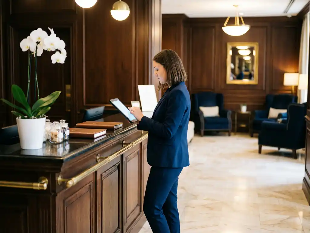 Professionele facilitymanager in marineblauw jasje bekijkt serviceschema's op tablet naast elegante hotelreceptie met marmeren oppervlakken