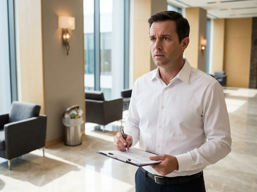 Professionele faciliteitmanager in wit overhemd bestudeert klembord in moderne kantoorlobby met marmeren vloeren