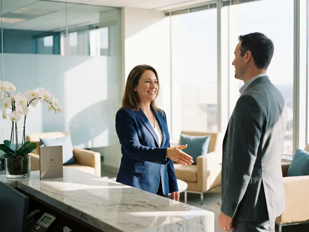 Professionele faciliteitmanager in marineblauw jasje begroet collega bij moderne receptiebalie met witte orchideeën